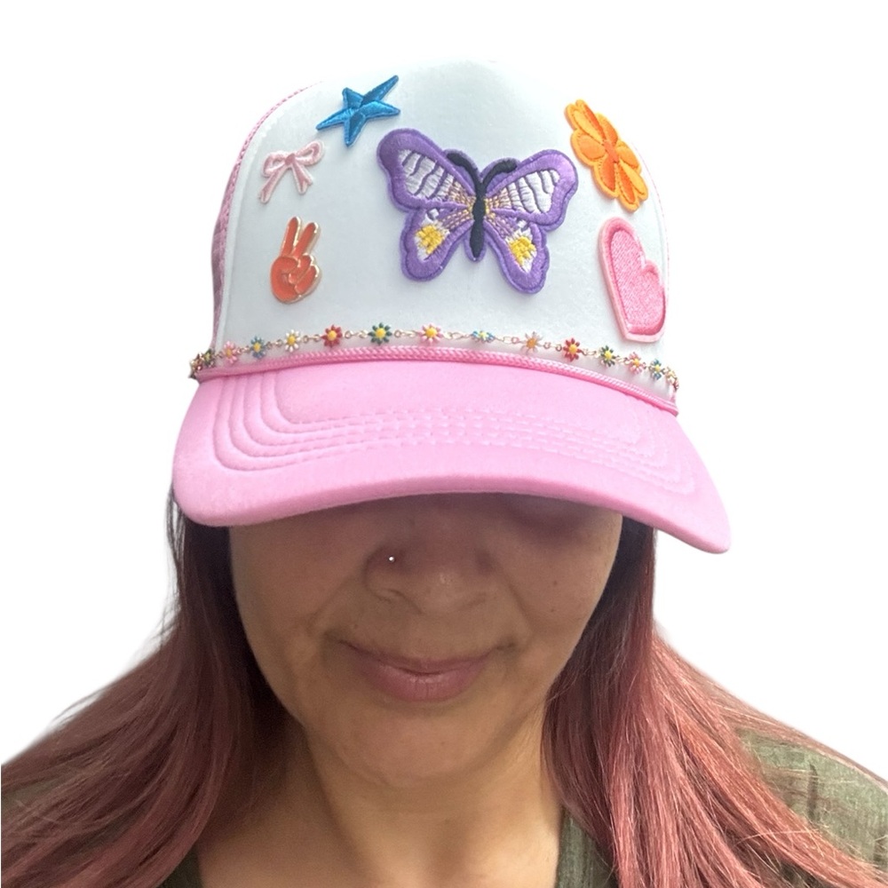Pink and White Adult Trucker Hat with Butterfly and Flower Accents